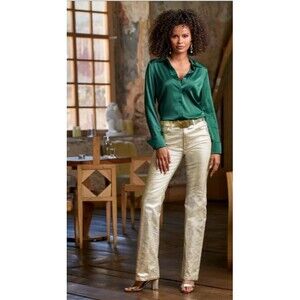 BOSTON PROPER BOOTCUT JEANS WOMEN 10 GOLD METALLIC COATED HIGH WAIST